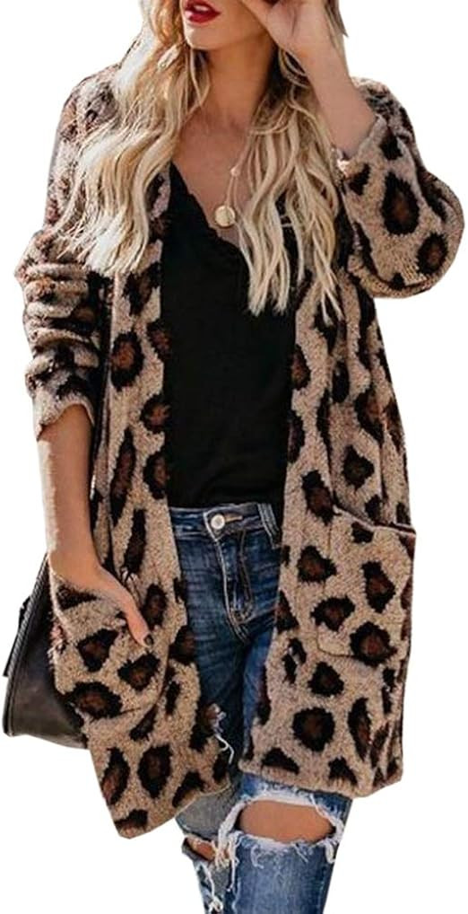 Womens Leopard Long Cardigan Fuzzy Chunky Knit Sweater Casual Pocket Tops Warm Fall Winter Coat | Amazon (US)