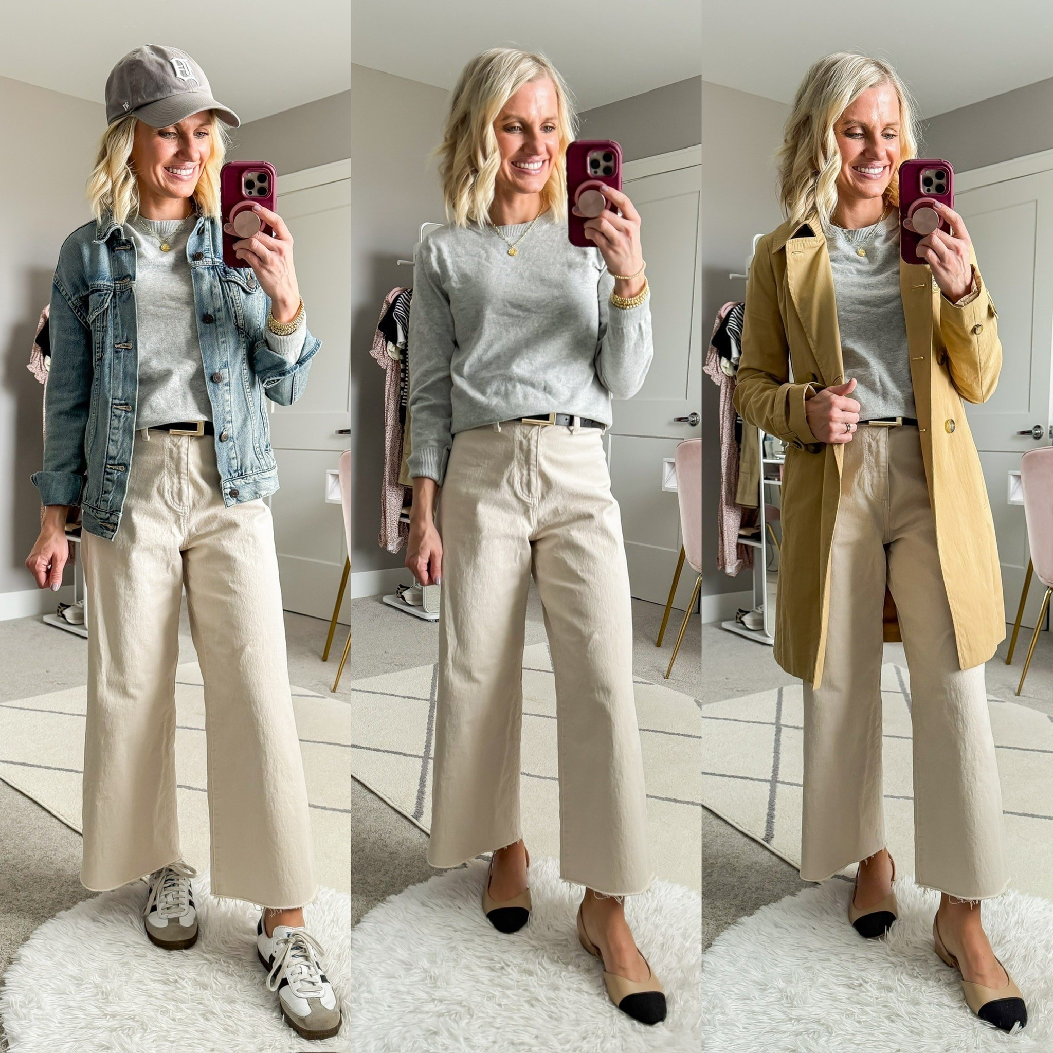 Spring capsule wardrobe outfits for itch beige cropped wide leg jeans and a gray sweater 

#LTKSeasonal #LTKPetite #LTKFindsUnder50
