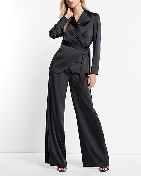Super High Waisted Satin Pleated Wide Leg Pant | Express