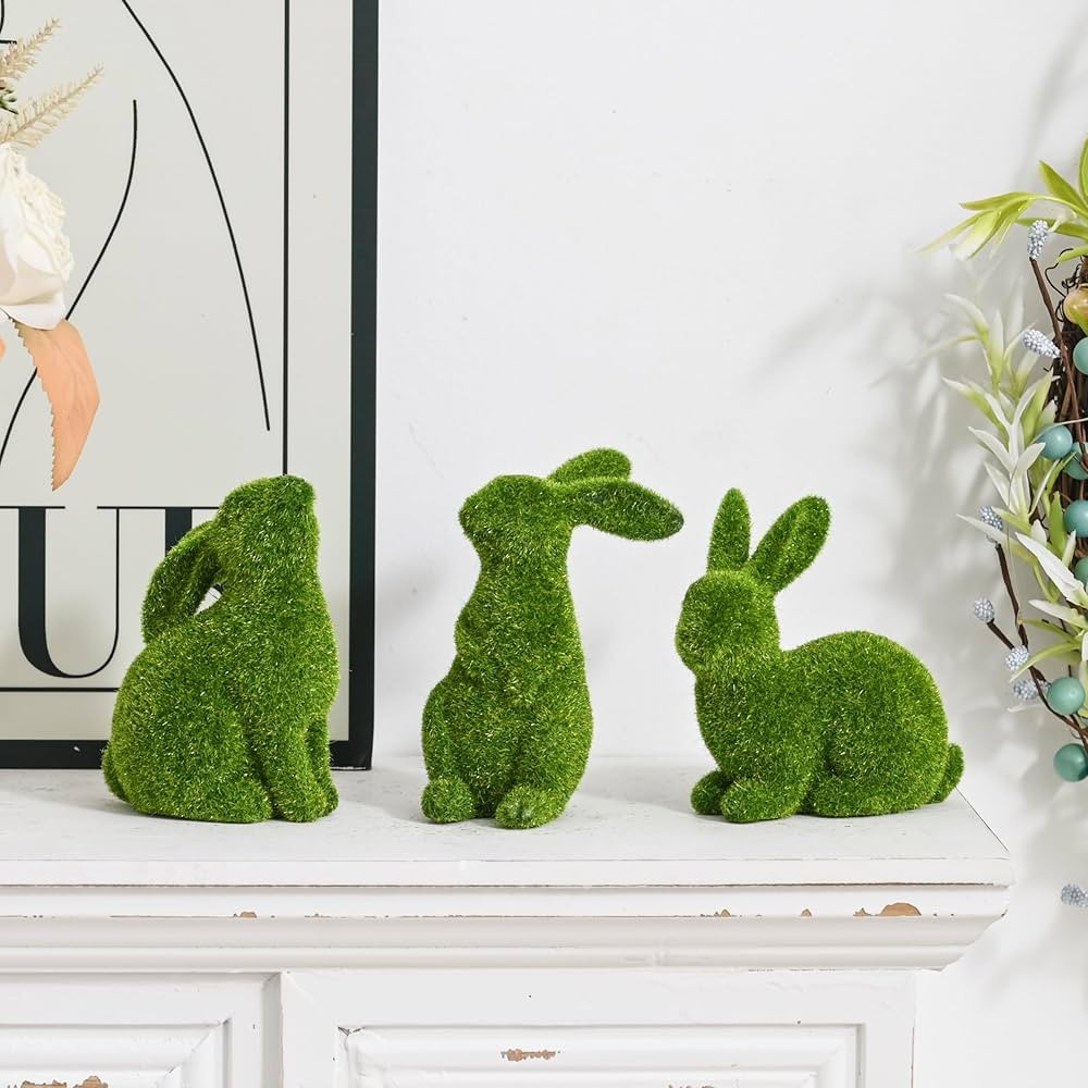 Resin Flocked Bunny Figurines Set of 3, Artificial Green Moss Bunnies for Easter Decor, Small Dec... | Amazon (US)