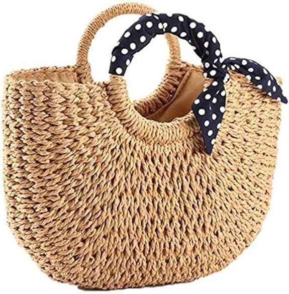 YXILEE Summer Beach bag,Handmade Large Straw Tote Bag Womens Handbag (Khaki) | Amazon (US)