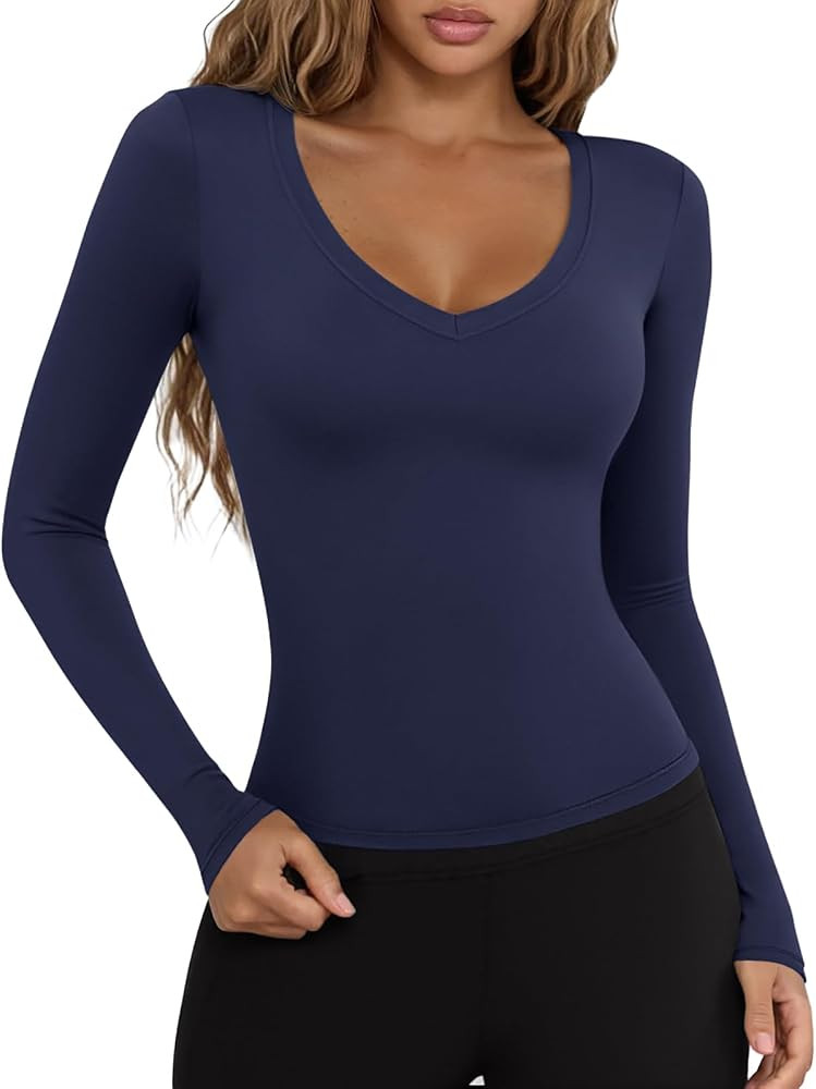 LASLULU Womens Long Sleeve Sexy V Neck T Shirts Basic Workout Tops Athletic Yoga Casual Crop Top | Amazon (US)