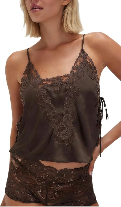 Womens Lace Spaghetti Strap V Neck Satin Tank Top Beach Vacation Silk Camisole Flowy Boho Summer ... | Amazon (US)