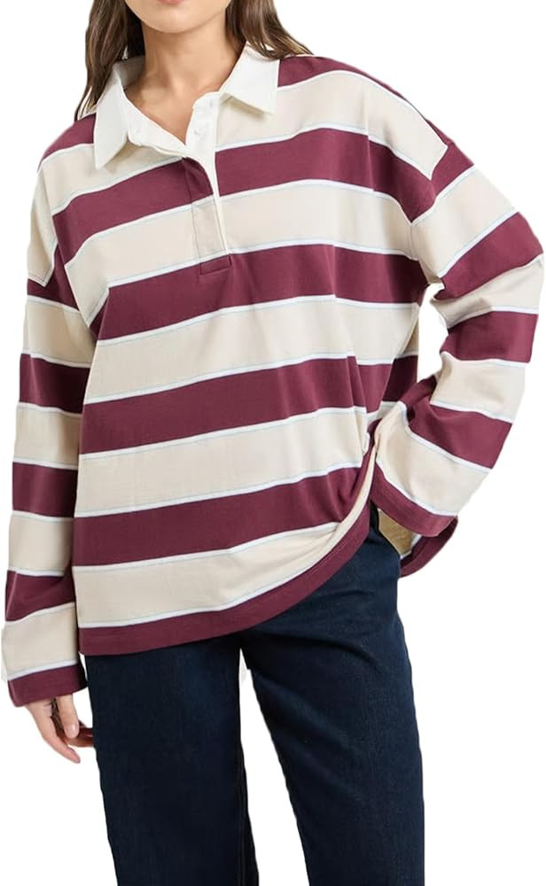 Women Striped Polo Shirt Y2K Oversized Long Sleeve Collared Pullover Jersey Sweater Vintage Loose... | Amazon (US)