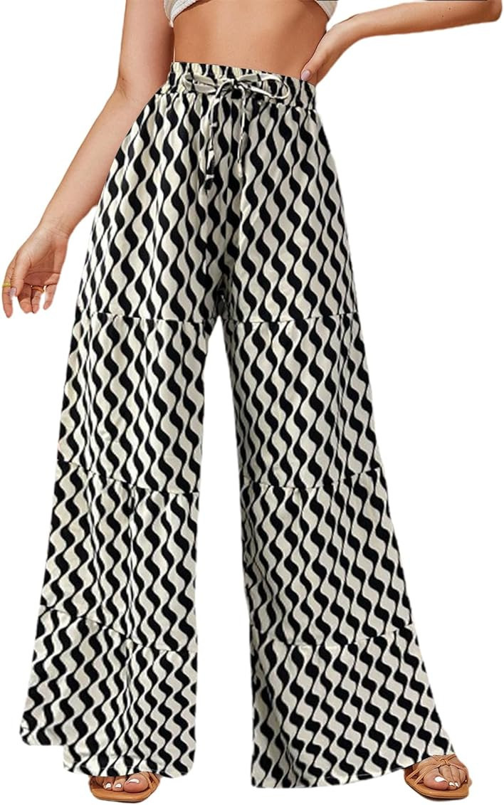 LilyCoco Women’s Wide Leg Palazzo Pants High Waisted Ruffle Flowy Trousers Baggy Elastic Bell B... | Amazon (US)