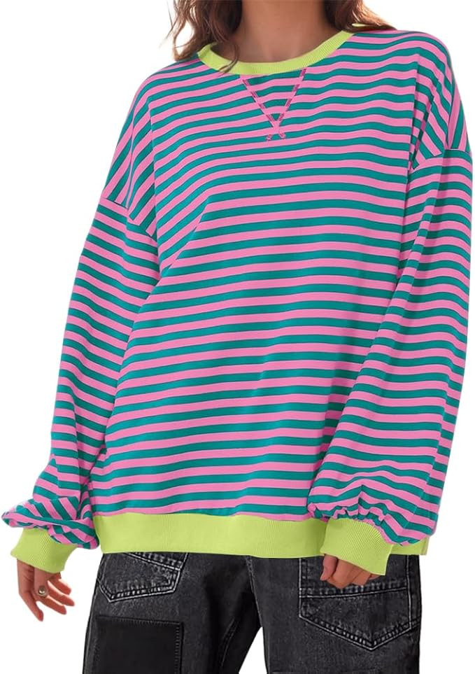 Women Classic Striped Oversized Crewneck Dupes Color Block Long Sleeve Casual Sweatshirt Loose Pu... | Amazon (US)