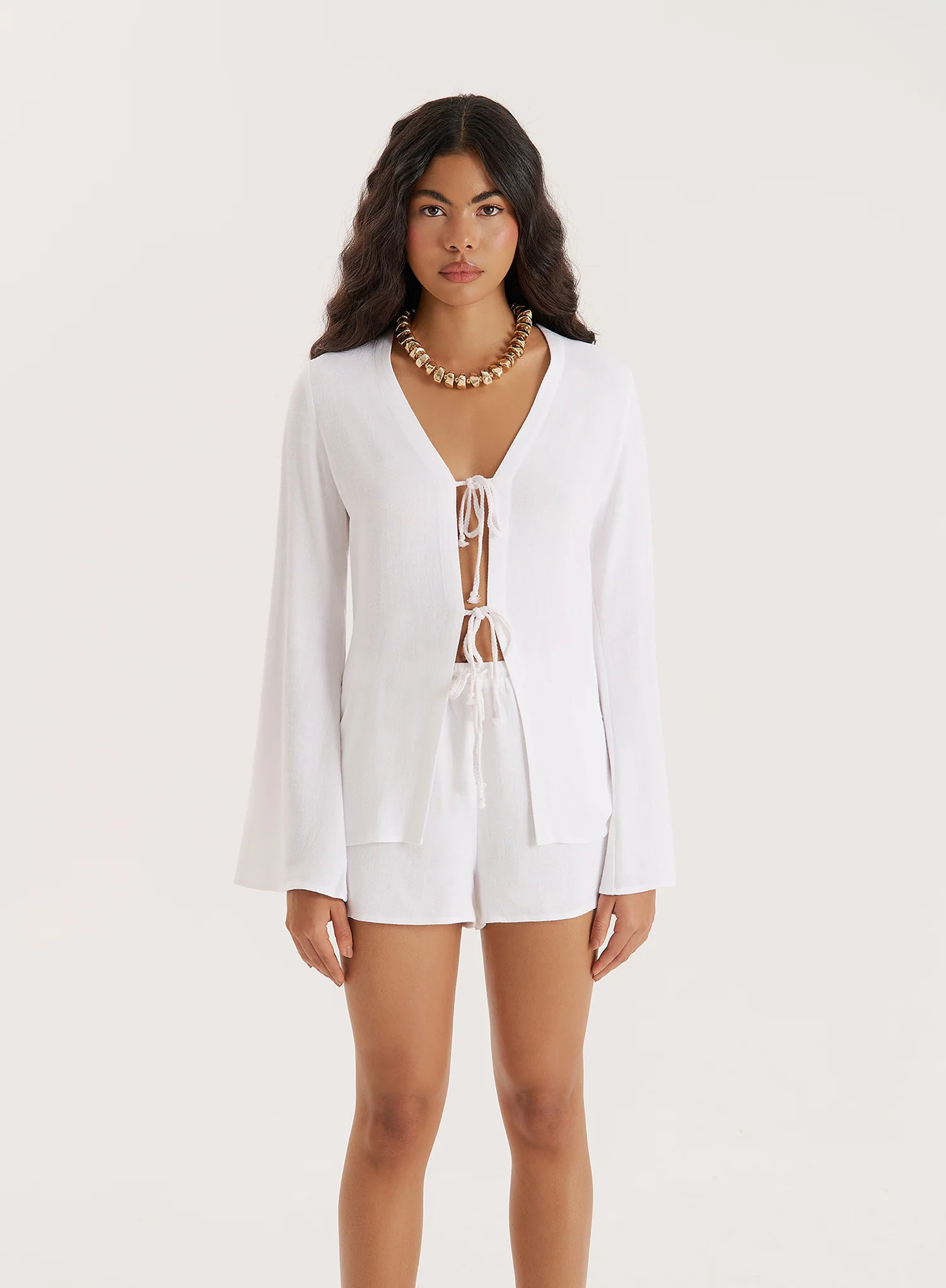 White Linen Blend Tie Front Top- Jules | 4th & Reckless