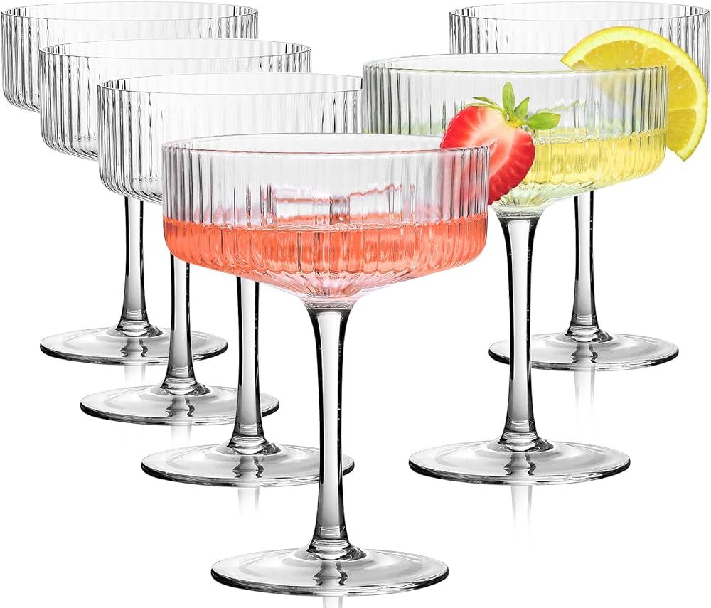 6 Pcs Ribbed Coupe Glasses, 10oz Hand Blown Crystal Martini Glasses with Stem, Classic Cocktail C... | Amazon (US)