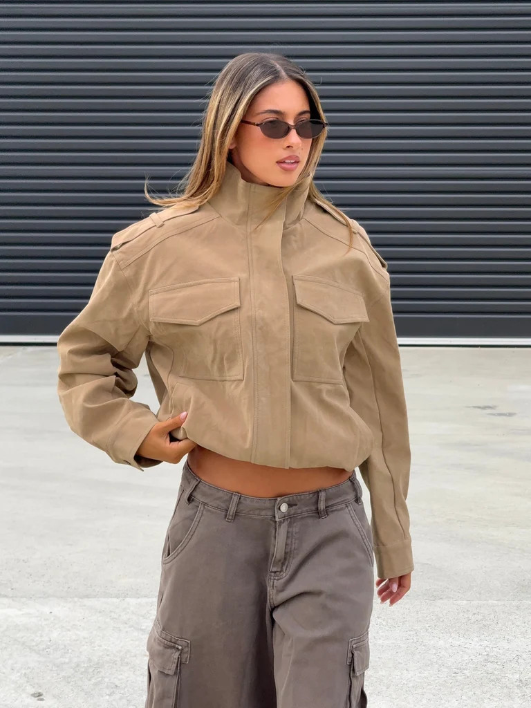 Double Life Funnel Neck Cargo Jacket Beige | Princess Polly AU