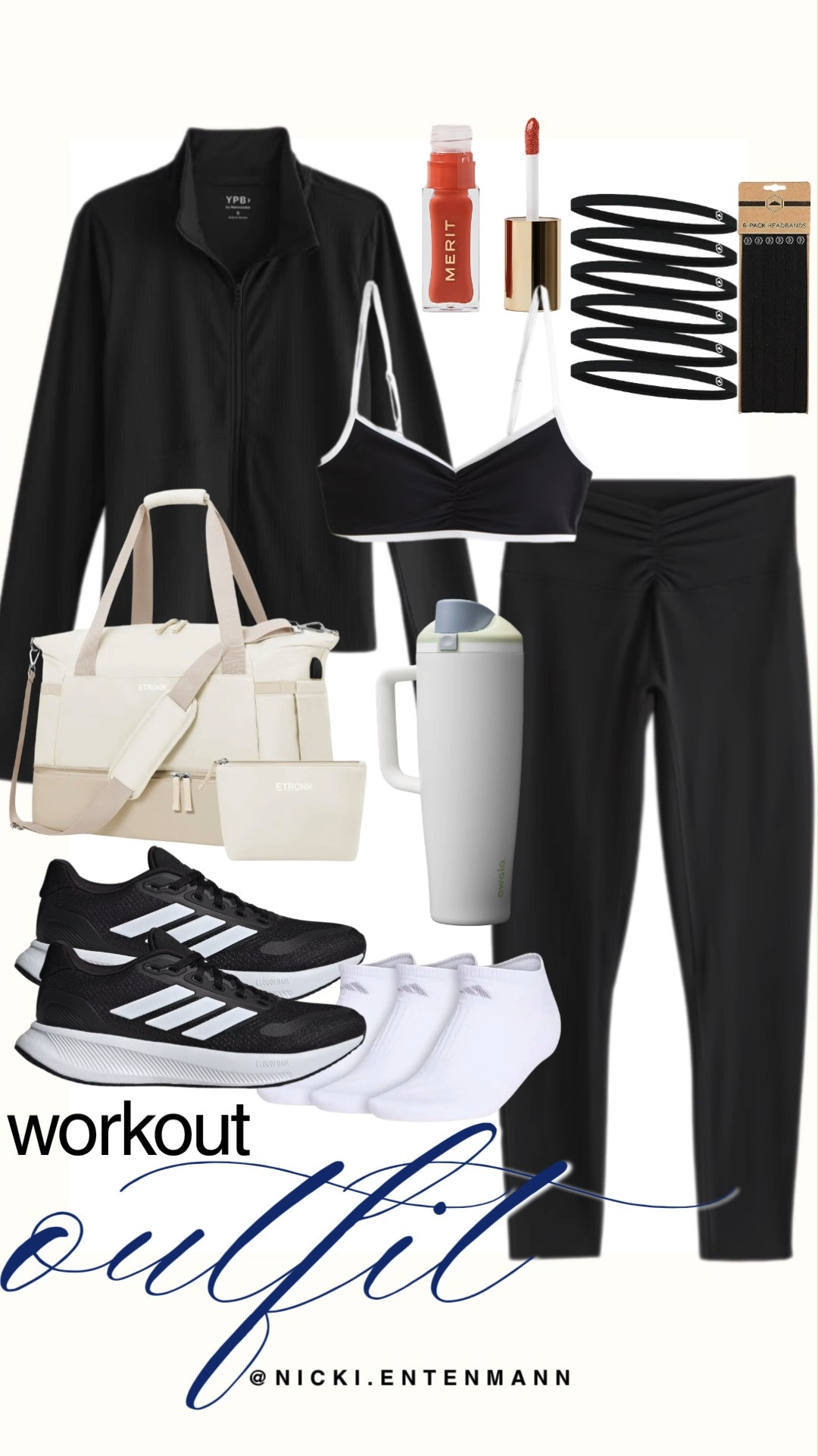 Hit the gym in style with this sleek, all-black workout outfit from workutfit n.jpg. The coordinated look features a black zip-up active jacket, high-waisted leggings with a flattering ruched waistband, and a matching sports bra with white trim. Complete the ensemble with black Adidas sneakers, a cream-colored gym duffel, a white Owala water bottle, and a pack of black hair bands.

#workoutfit #gymootd #activewear #athleisure #fitnessstyle #adidas #owala #meritbeauty #gymessentials #sportychic 

 #LTKootd #LTKfitnessgoals #LTKActive