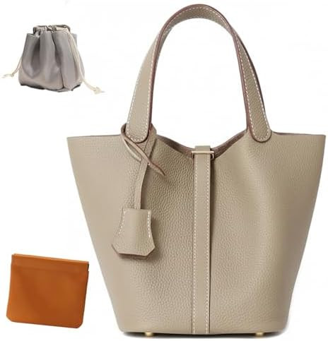 Genuine Leather Lock Design Bucket Bag Vegetable Basket, Fashionable and Versatile Satchel Handba... | Amazon (US)