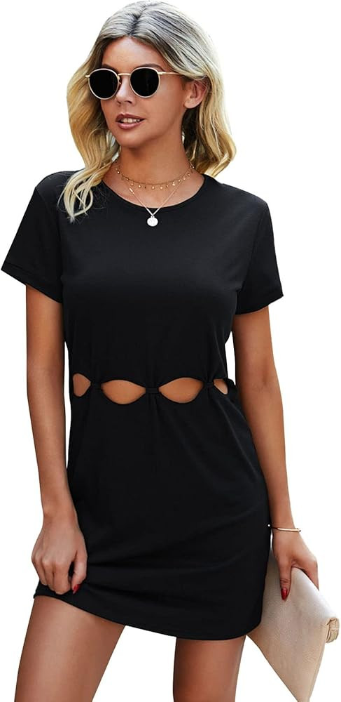 WDIRARA Women's Cut Out Short Sleeve Round Neck Casual Bodycon T Shirt Mini Dress | Amazon (US)