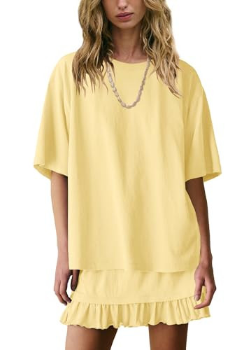 Yanekop Womens 2 Piece Skirt Sets Summer Two Piece Lounge Set Travel Vacation Outfits Oversized Tee Shirts Mini Skirt(Light Yellow,XL) | Amazon (US)