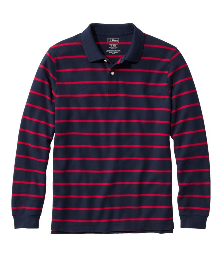 Men's Premium Double L Polo, Long-Sleeve Without Pocket, Stripe Classic Navy Extra Large, Cotton L.L.Bean | L.L. Bean