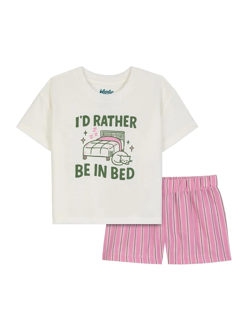 Wonder Nation Girls Short Sleeve Top and Woven Sleep Pant Pajama Set, 2-Piece, Sizes 4-18 | Walmart (US)