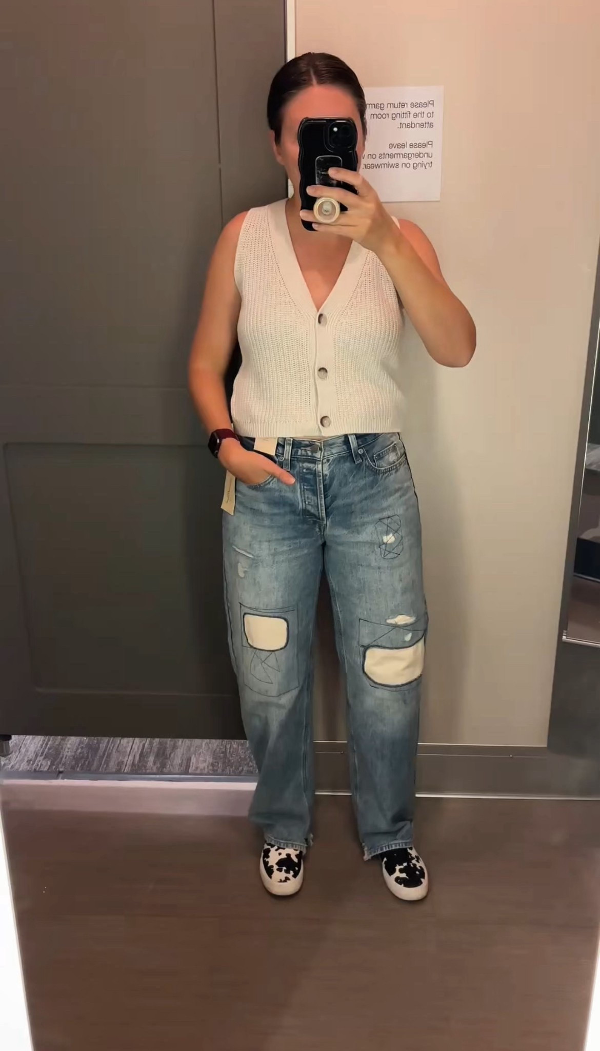 Target outfit I’m loving right now. 🎯 This button-front sweater vest is such a good staple — soft, not itchy, and the length is perfect (not cropped, not long). I’m wearing a medium.
And these jeans… I didn’t expect to love them, but the patchwork + relaxed fit is actually so cute in person. They give that effortless, lived-in feel without being too baggy. 
Pairing them with my $20 Vans dupe sneakers because they just work with everything.

#LTKMidsize #LTKootd #LTKStyleTip