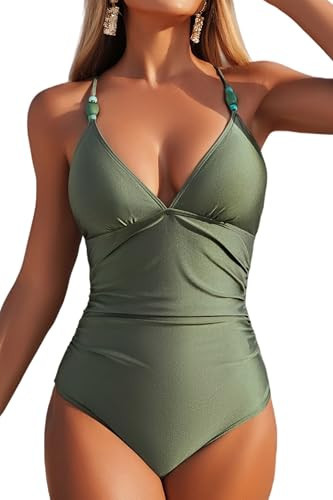 Eagerbuy Women's One Piece Swimsuit Tummy Control with Beaded Straps Sexy Deep V Neck Crisscross Back Tie Bathing Suit Green | Amazon (US)