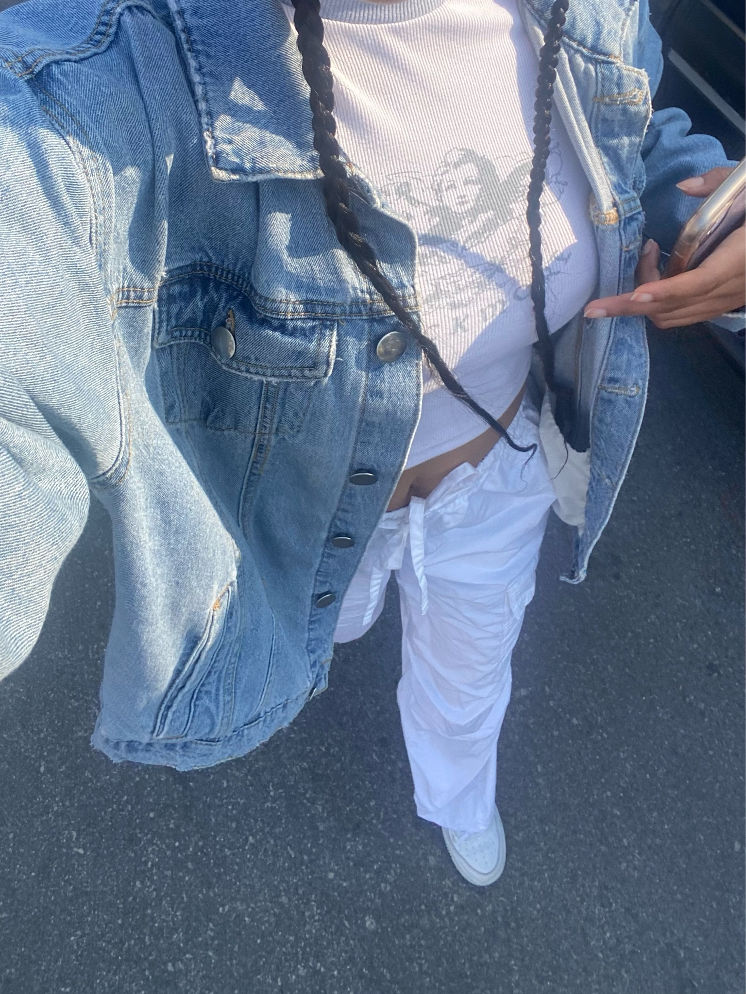 oversized denim jacket, jean jacket, white cargo pants, white parachute pants, graph crop top t shirt, nike white air force 1s, sneakers

#LTKstyletip #LTKshoecrush