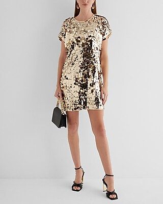 Sequin Crew Neck Short Sleeve Shift Dress | Express