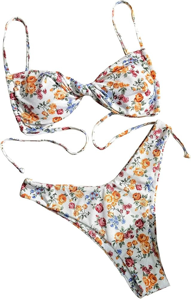 GORGLITTER Women's Floral Swimsuits High Cut Thong Triangle Twist Bikini Set Bathing Suit | Amazon (US)
