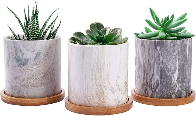 Dsben Succulent Plant Pots, 3.2 Inch Small Marble Ceramic Planter Indoor with Bamboo Tray for Cac... | Amazon (US)