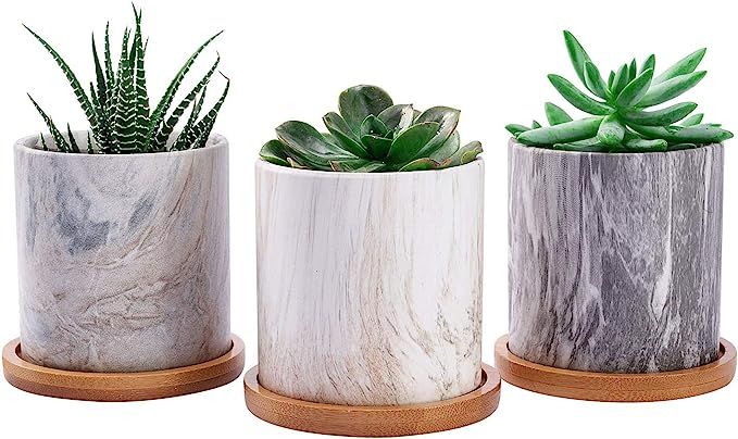 Dsben Succulent Plant Pots, 3.2 Inch Small Marble Ceramic Planter Indoor with Bamboo Tray for Cac... | Amazon (US)