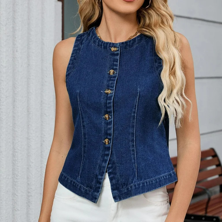 Cheytotty Denim Vest For Womens Strechy Jean Sleeveless Top Button Down Crewneck Western Waistcoa... | Walmart (US)