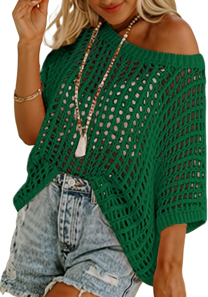 Dokotoo Womens Summer Scoop Neck Short Sleeve Sweater Casual Crochet Hollow Out Knit Tops Pullove... | Amazon (US)