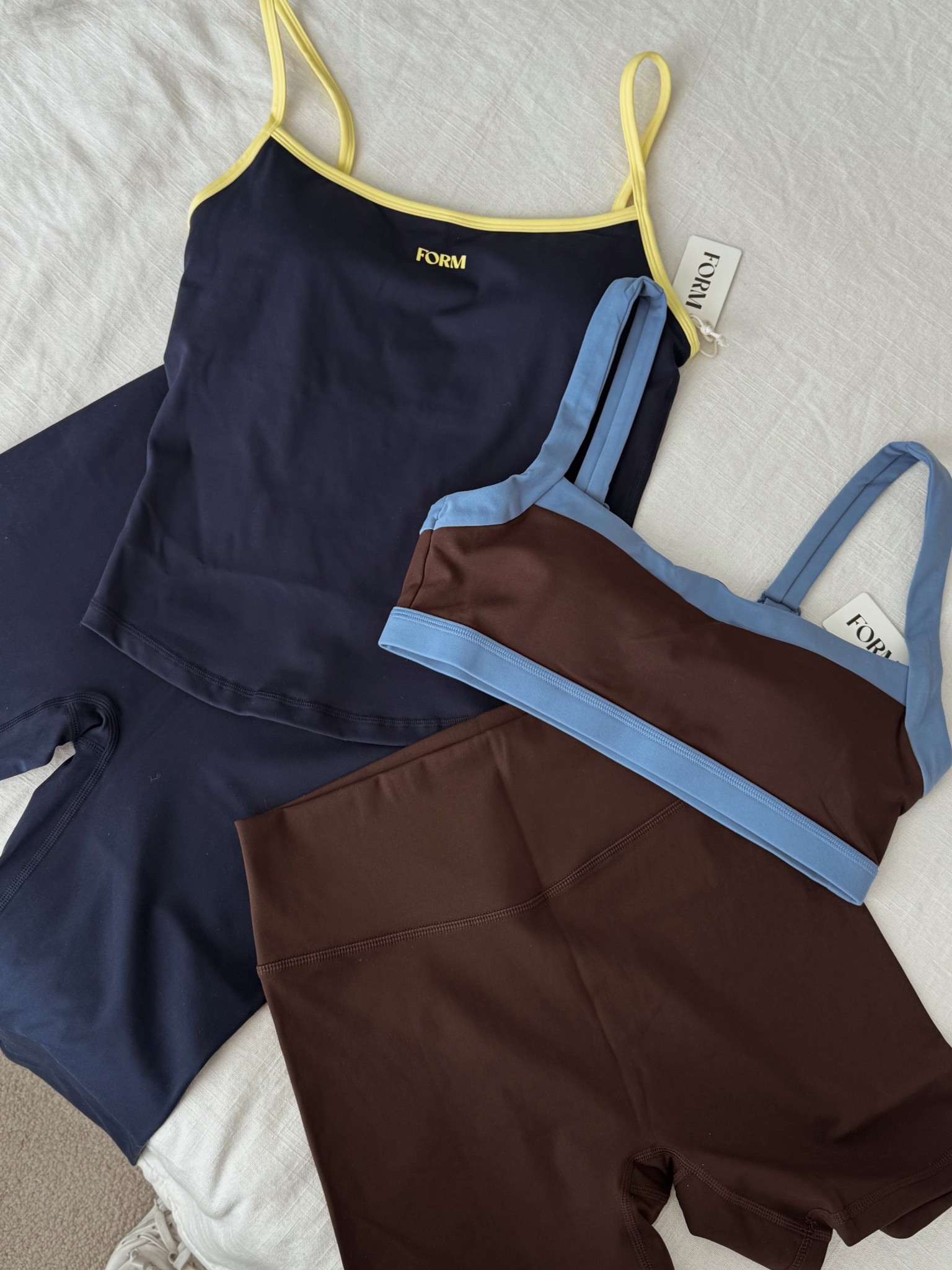 FORM brown and blue, navy and yellow, workout sets