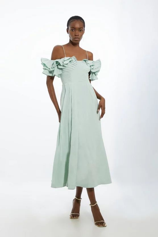 Strappy Off The Shoulder Taffeta Ruffle Woven Prom Dress | Karen Millen UK + IE + DE + NL