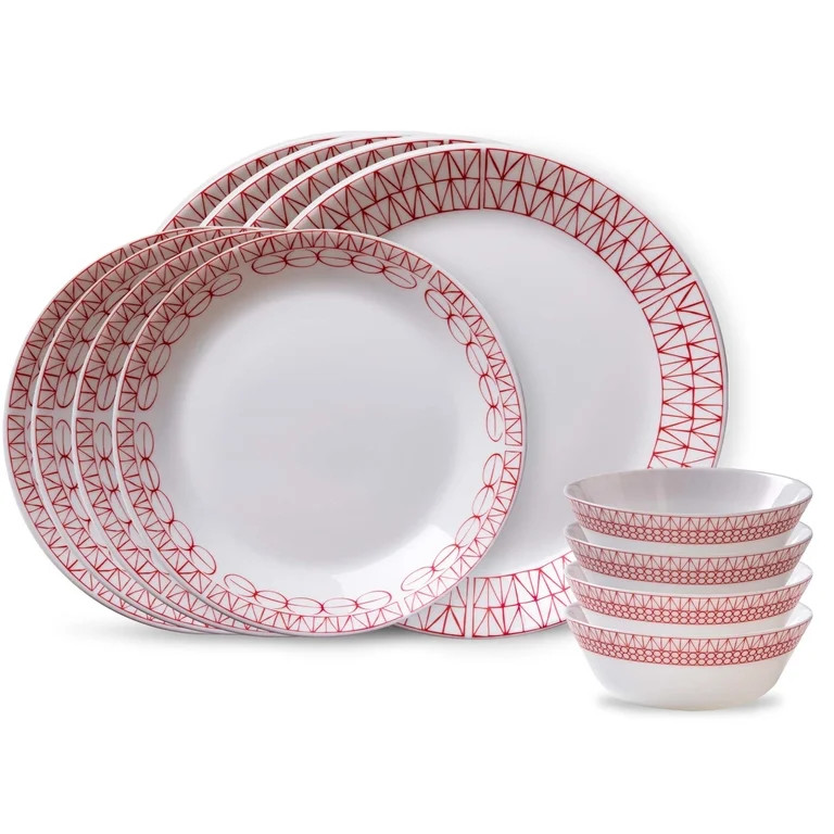 Corelle Graphic Stitch 12-Piece Dinnerware Set, Service for 4, Red and White Plates and Bowls | Walmart (US)