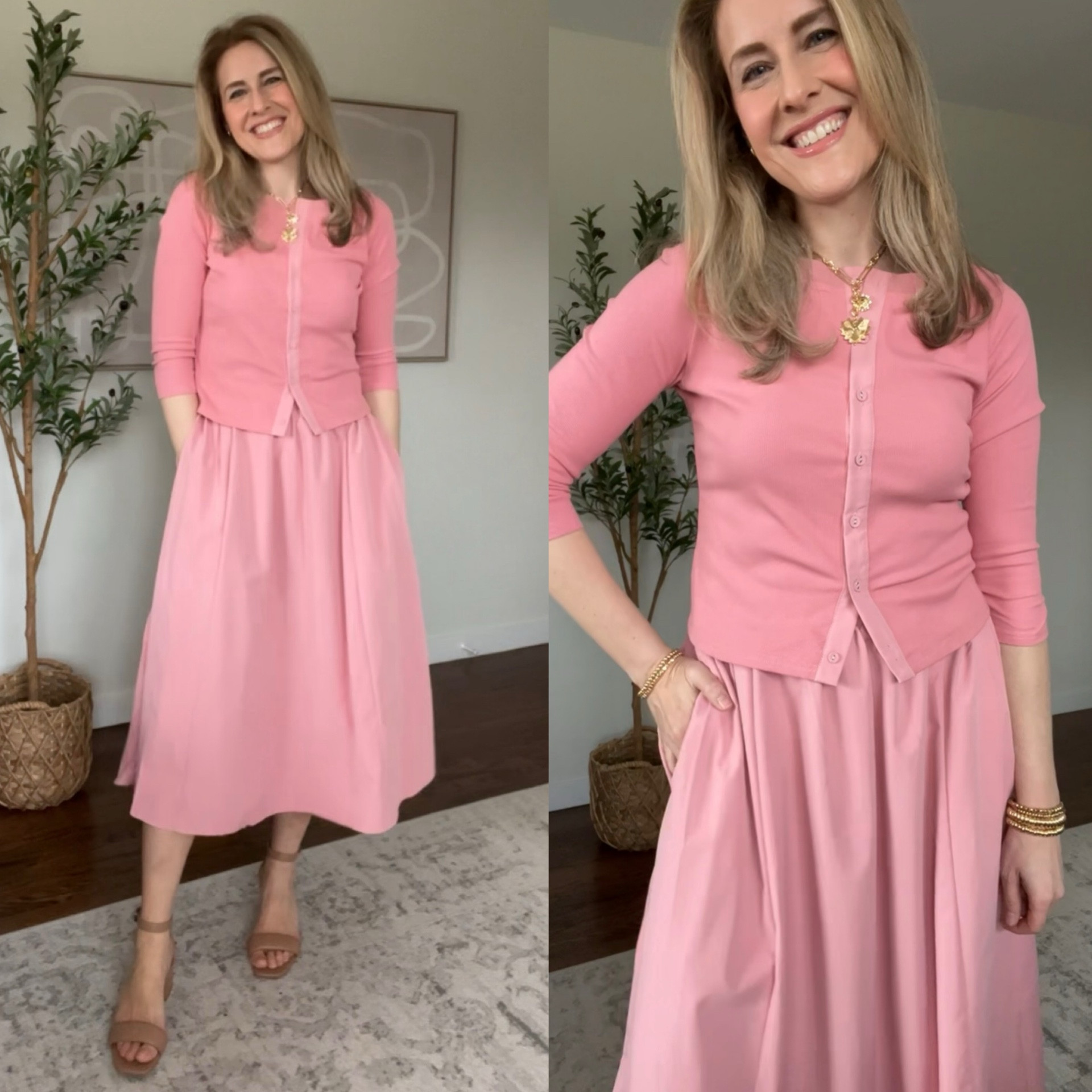 Amazon finds I’m wearing this spring! I sized up one size to a medium in each of these. The floral appliqué on the sweater top is starting to come off. I can’t button the arms on the blue dress with puff sleeves. The matching sets look awkward without a half tuck. I love the short sleeve sweaters, would look great with trousers for work. Blue & white dress is beautiful. #amazonfinds 

#LTKOver40