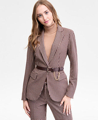 Women's Belted Houndstooth-Print Blazer | Macy's