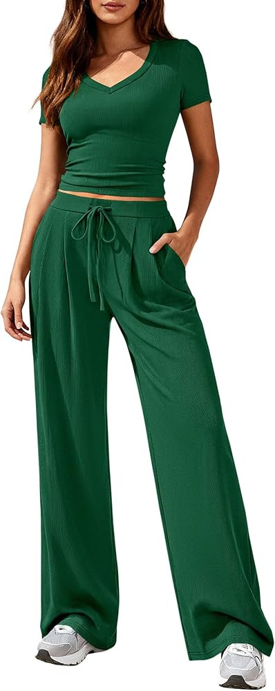 PRETTYGARDEN 2 Piece Sets for Women Summer 2026 Spring Lounge Set Matching V Neck Tops Wide Leg P... | Amazon (US)