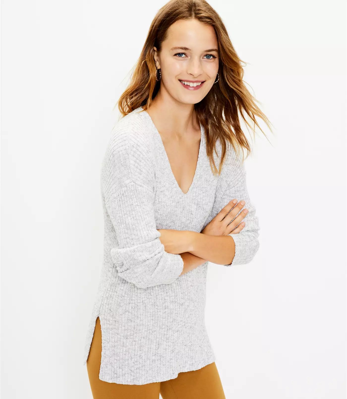 Ribbed V-Neck Tunic Sweater | LOFT