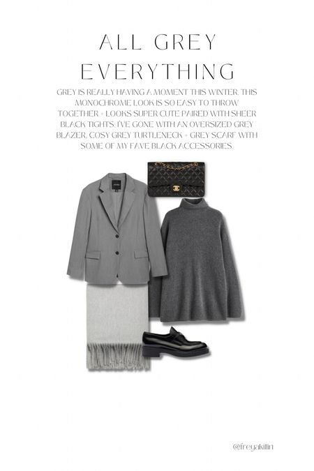 Grey is really having a moment this winter. This monochrome look is so easy to throw together + looks super cute paired with sheer black tights. I've gone with an oversized grey blazer, cosy grey turtleneck + grey scarf with some of my fave black accessories.

#LTKeurope #LTKSeasonal #LTKstyletip