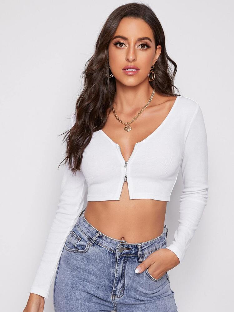 SHEIN Zipper Placket Rib-knit Crop Tee | SHEIN