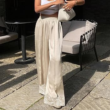Women Satin Silk Lace Trim Pants Y2k Elastic Waist Wide Leg Pj Lounge Boxer Bottoms Trendy Causal... | Amazon (US)