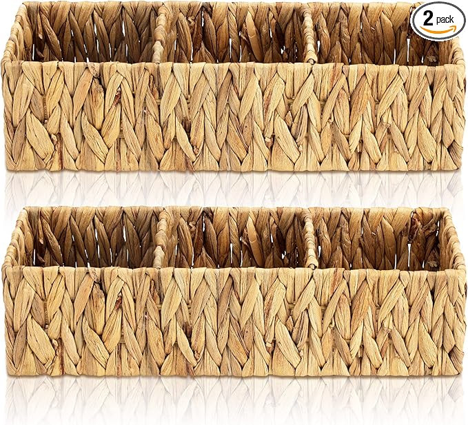 2 Pack 3 Section Wicker Storage Baskets Toilet Basket Tank Topper Natural Handmade Woven Storage ... | Amazon (US)
