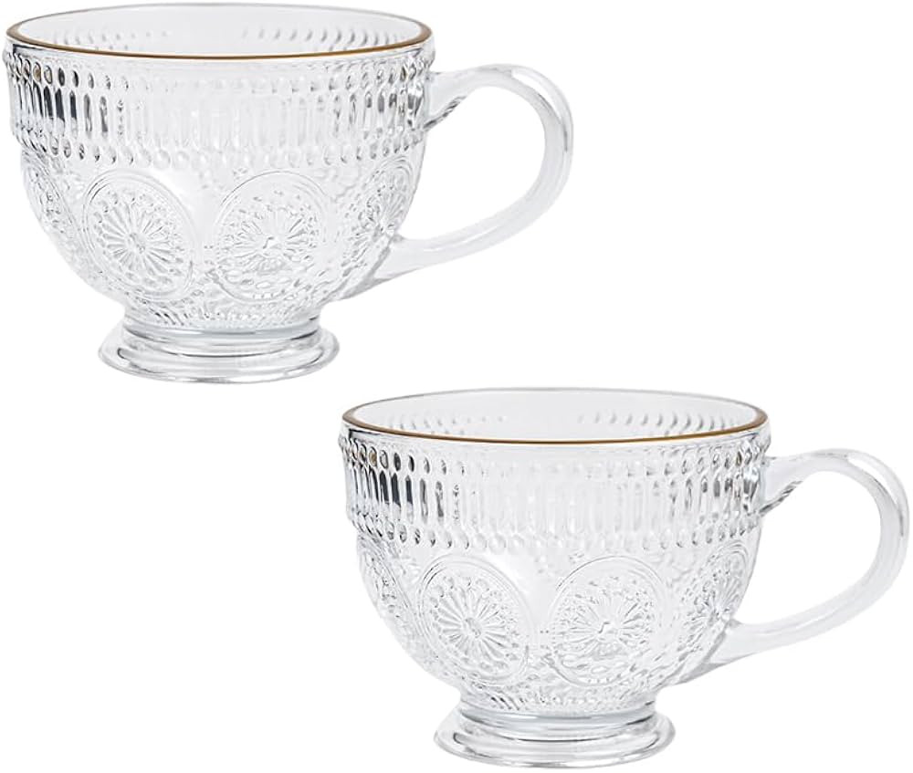 Vintage Glass Coffee Mug Set of 2, 13.5 OZ Embossed Tea Cup Vintage Glassware for Breakfast, Idea... | Amazon (US)