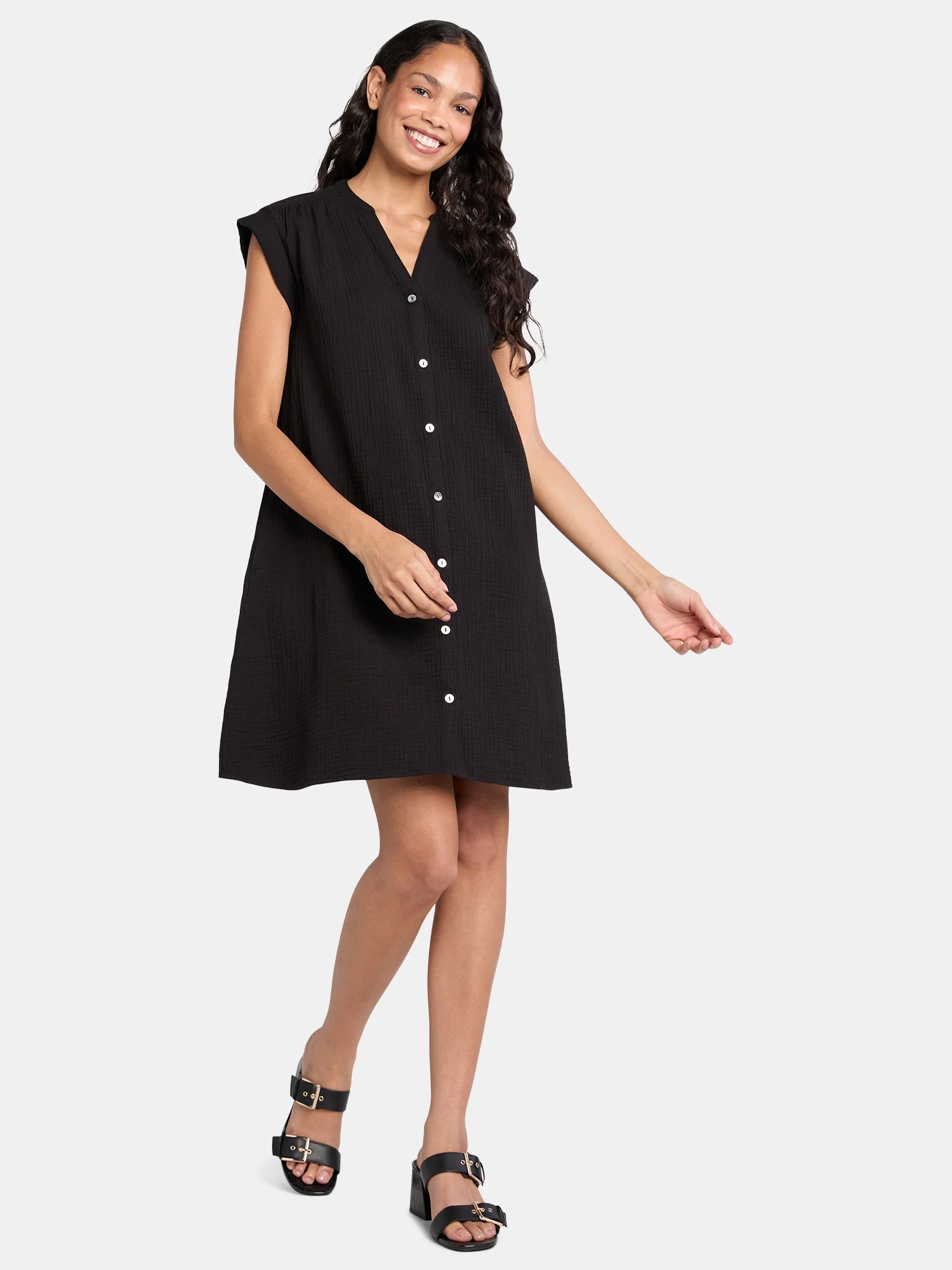 Time and Tru Women's Double Cloth Cotton Mini Shirtdress, Sizes XS-XXXL - Walmart.com | Walmart (US)