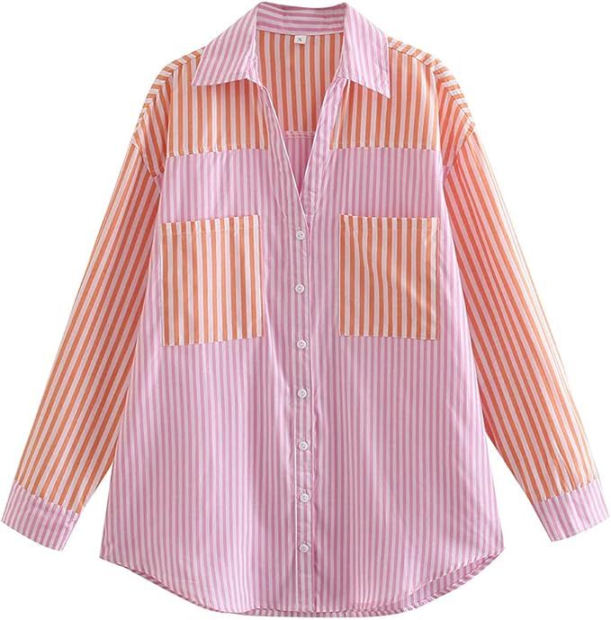 Women Vintage Striped Patchwork Pocket Shirt Female Pockets Casual Loose Blouse Tops | Amazon (US)