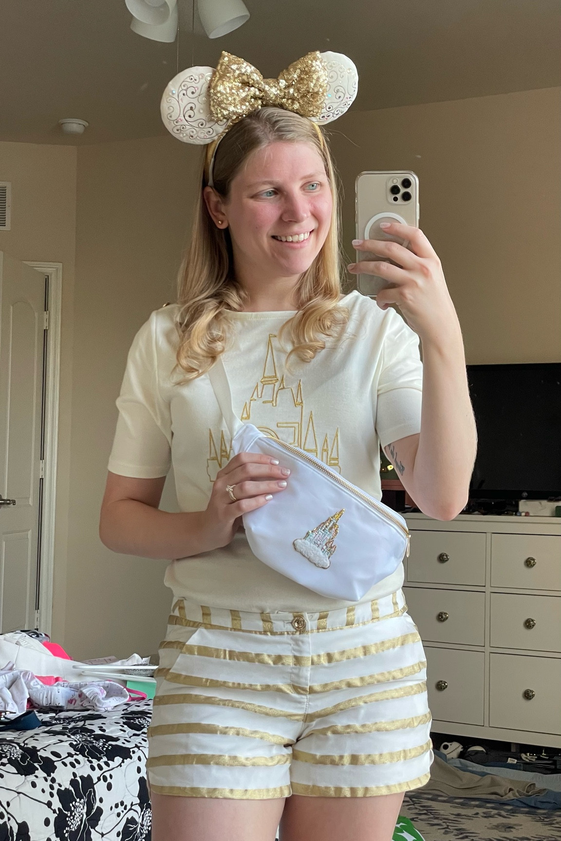 White Disney World 50th anniversary outfit. Disney Fanny pack  