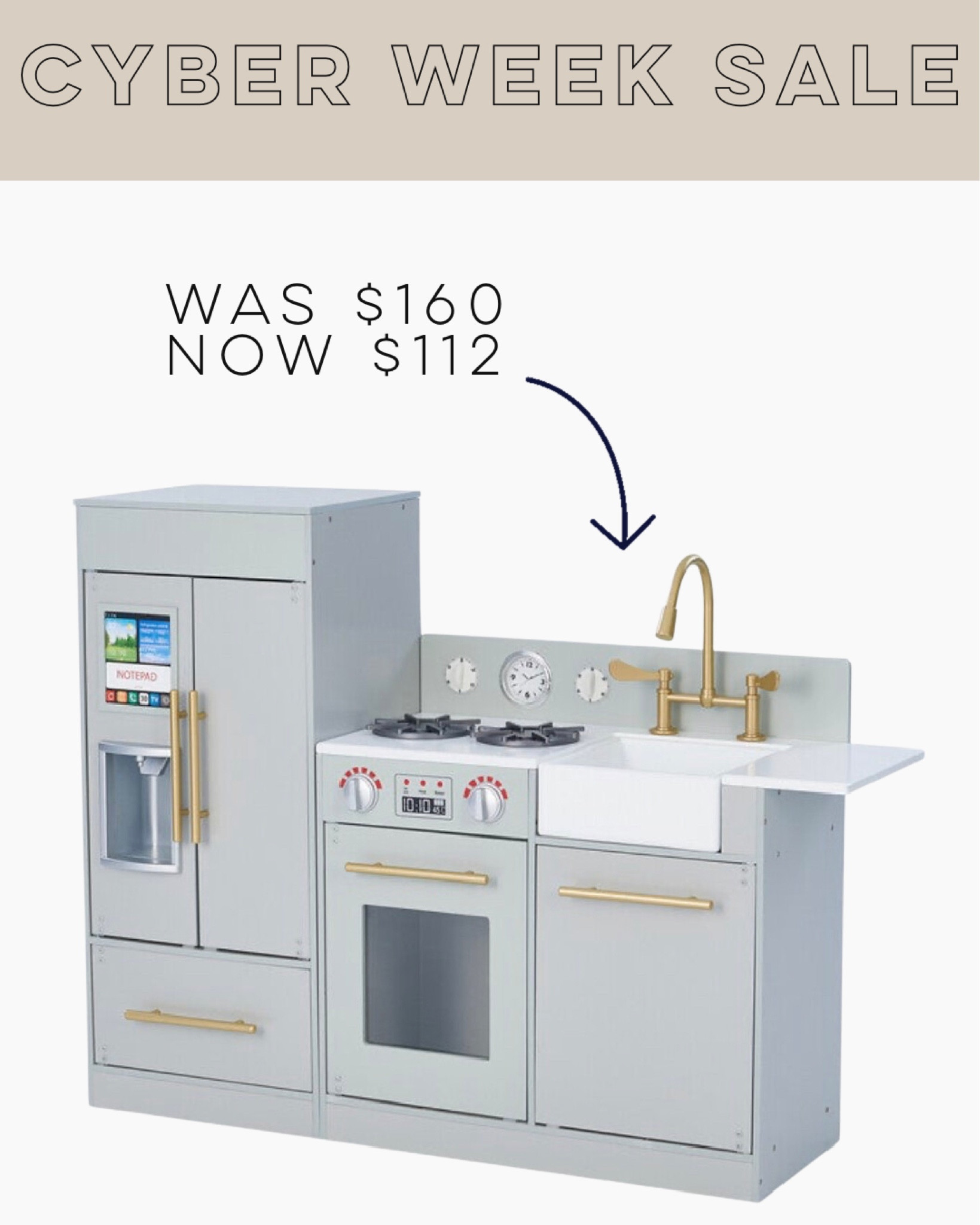 Our favorite modern play kitchen is currently 30% off! We owned in Lovelace I highly recommend! And it’s a great knock off of the thousand dollar Pottery Barn version.  And who doesn’t love gold hardware in the kitchen.

#playkitchen #AffordablePlayKitchens #GiftsForKids #KidsGifts #PretendPlayToys 