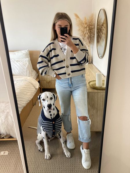 Rio’s knit - its from Kmart!
Ill tag similar options if you’re not from Australiaz

https://www.kmart.com.au/product/pet-navy-stripe-cardigan-extra-large-43348145/?