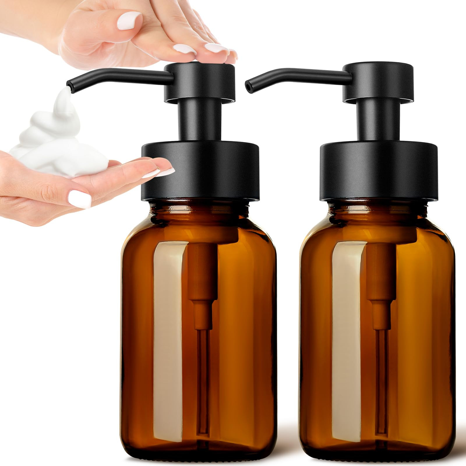 GMISUN Foaming Soap Dispenser, 8.5 fl oz / 250ml Amber Glass Foam Soap Dispenser for Bathroom & Kitchen, 2 Pack Modern Refillable Foaming Hand Soap Dispensers, Foam Pump Bottle with Waterproof Labels | Amazon (US)