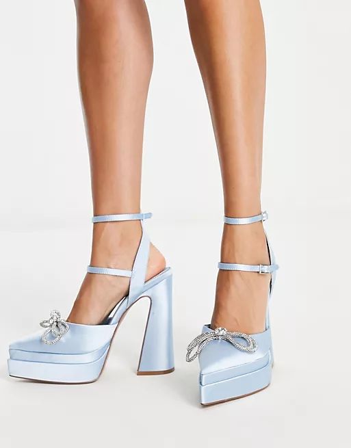 ASOS DESIGN Parton embellished bow pointed double platform heeled shoes in blue | ASOS (Global)