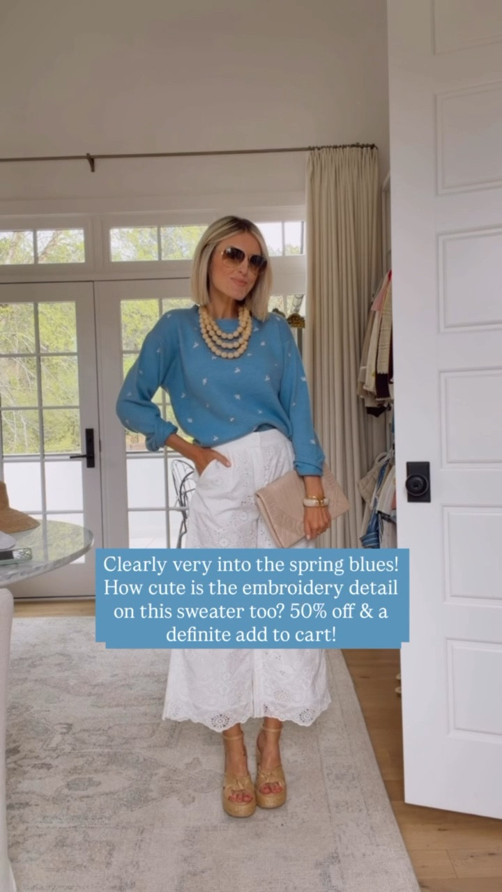 Love the dainty embroidered details on this blue sweater! So cute for spring & currently 50% off! Wearing size S!

Loverly Grey, Ann Taylor, eyelet pants, spring outfit, sale 

#LTKSaleAlert #LTKSeasonal