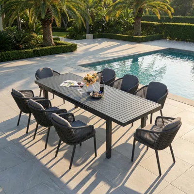 8 - Person Aluminum Patio Dining Set With Extendable Rectangular Table And Wricker Dining Chairs , Cushions Included | Wayfair North America