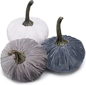 Jetec 3 Pieces Thanksgiving Velvet Pumpkins with Stems Fall Harvest Pumpkin Decor Artificial Blue... | Amazon (US)
